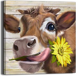 Cow Pictures Wall Decor Country Farmhouse Canvas Wall Art Rustic Sunflower Bathroom Decor Framed Artwork Paintings for Wall Decorations for Bedroom Office Kitchen Living Room,Ready to Hang 14" X 14"