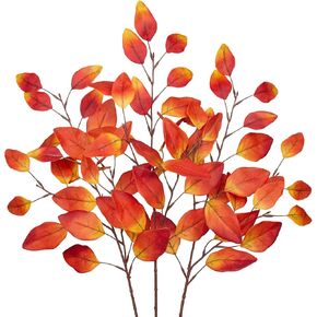 3PCS Artificial Fall Leaves Stems 28.7'' Fall Foliage Branches Autumn Eucalyptus Leaves Spray Fall Decorations for Home Thanksgiving Kitchen Bathroom Table Centerpiece Vase Decor(Golden Yellow)