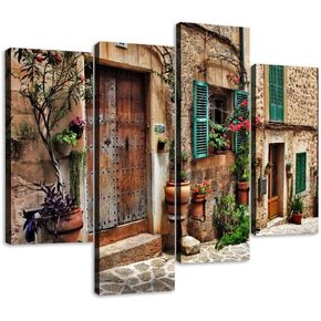 Tuscany Wall Art Streets of Old Mediterranean Towns Flower Door Windows Canvas Wall Art Hanging Paintings Dining Room Decor Modern Artwork Wall Decor for Home Decoration Unique Gift Framed 4 panel