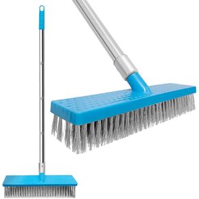 11.8" Heavy Duty Push Broom Brush with 60"" Long Handle,Stainless Steel Deck Scrub Brush,Outdoor Broom for Cleaning Bathroom, Kitchen, Patio, Garage, Deck, Concrete,Stone, and Tile Floors