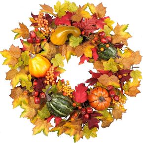 TEMPUS عيد الشكر إكليل سقوط أوراق القيقب إكليل أحمر أصفر التوت مع الأخضر البرتقالي الأصفر إكليل اليقطين للباب الأمامي مهرجان الحصاد نافذة الزفاف الخريف في الهواء الطلق ديكور داخلي in Kuwait