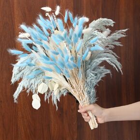 XunYee 17 Inches Blue Pampas Grass Decor Dried Flower Bouquet Blue Dried Flowers Boho Decor Bouquet Blue Artificial Flowers Eucalyptus Leaves Bunny Tails Dried Plants for Blue Bathroom Home Decoration