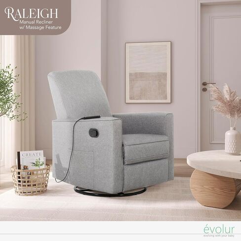 طائرة شراعية دوارة منجدة من Evolur Raleigh، كرسي هزاز، كرسي باللون الرمادي الفاتح، طائرة شراعية حديثة للحضانة مع مدلك مدمج، مجموعة خالية من الأدوات، سهلة التنظيف، طائرة شراعية صديقة للبيئة in Kuwait