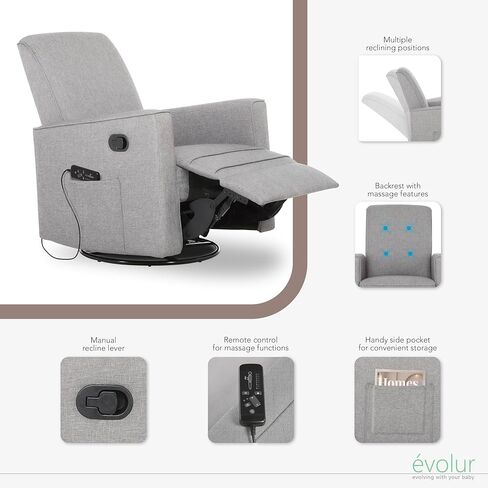 طائرة شراعية دوارة منجدة من Evolur Raleigh، كرسي هزاز، كرسي باللون الرمادي الفاتح، طائرة شراعية حديثة للحضانة مع مدلك مدمج، مجموعة خالية من الأدوات، سهلة التنظيف، طائرة شراعية صديقة للبيئة in Kuwait