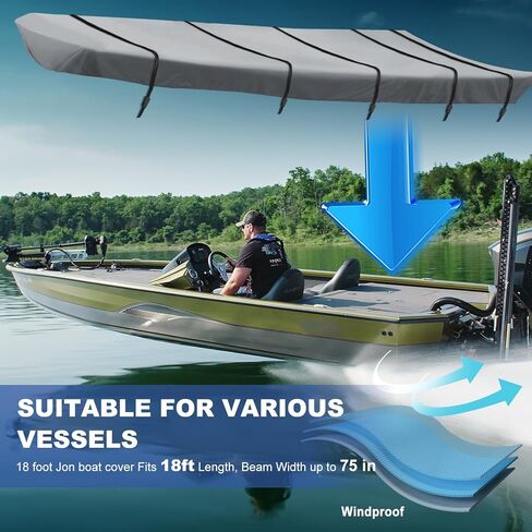 غطاء قارب جون، غطاء قارب جون عالي التحمل وقابل للقطر 600D، وأشرطة جانبية قابلة للتعديل (رمادي، D يناسب طول 18 قدمًا، عرض الشعاع يصل إلى 75 بوصة)... in Kuwait