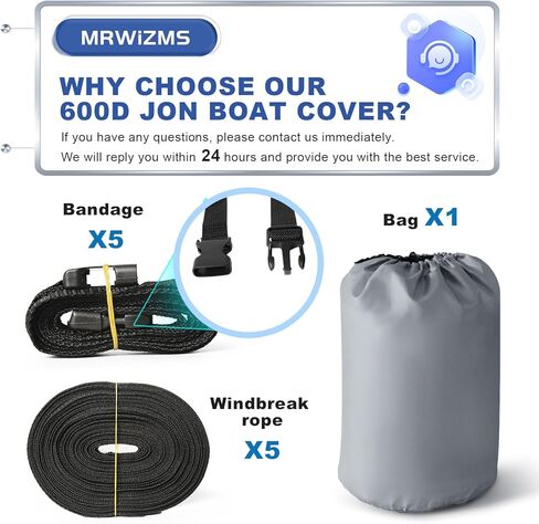 غطاء قارب جون، غطاء قارب جون عالي التحمل وقابل للقطر 600D، وأشرطة جانبية قابلة للتعديل (رمادي، D يناسب طول 18 قدمًا، عرض الشعاع يصل إلى 75 بوصة)... in Kuwait