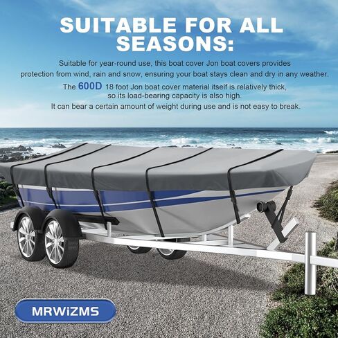 غطاء قارب جون، غطاء قارب جون عالي التحمل وقابل للقطر 600D، وأشرطة جانبية قابلة للتعديل (رمادي، D يناسب طول 18 قدمًا، عرض الشعاع يصل إلى 75 بوصة)... in Kuwait