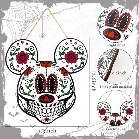 ديكورات فأر الهالوين، علامة خشبية يوم الموتى للباب الأمامي Dia De Los Muertos ديكور المكسيكي فييستا سكر جمجمة الزهور ديكورات معلقة على الحائط - علامة بوو الهالوين على شكل شبح الحلي in Kuwait