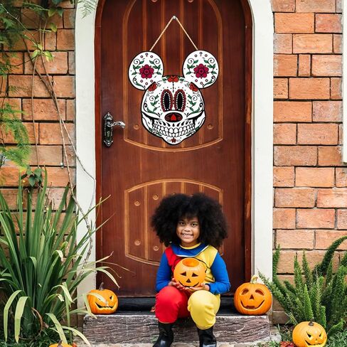 ديكورات فأر الهالوين، علامة خشبية يوم الموتى للباب الأمامي Dia De Los Muertos ديكور المكسيكي فييستا سكر جمجمة الزهور ديكورات معلقة على الحائط - علامة بوو الهالوين على شكل شبح الحلي in Kuwait