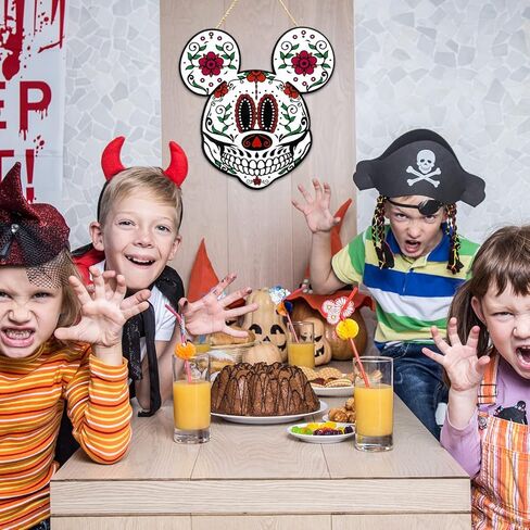 ديكورات فأر الهالوين، علامة خشبية يوم الموتى للباب الأمامي Dia De Los Muertos ديكور المكسيكي فييستا سكر جمجمة الزهور ديكورات معلقة على الحائط - علامة بوو الهالوين على شكل شبح الحلي in Kuwait
