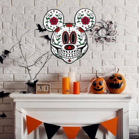 ديكورات فأر الهالوين، علامة خشبية يوم الموتى للباب الأمامي Dia De Los Muertos ديكور المكسيكي فييستا سكر جمجمة الزهور ديكورات معلقة على الحائط - علامة بوو الهالوين على شكل شبح الحلي in Kuwait