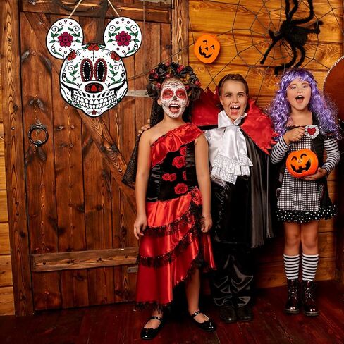 ديكورات فأر الهالوين، علامة خشبية يوم الموتى للباب الأمامي Dia De Los Muertos ديكور المكسيكي فييستا سكر جمجمة الزهور ديكورات معلقة على الحائط - علامة بوو الهالوين على شكل شبح الحلي in Kuwait