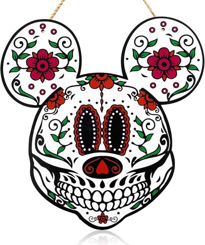ديكورات فأر الهالوين، علامة خشبية يوم الموتى للباب الأمامي Dia De Los Muertos ديكور المكسيكي فييستا سكر جمجمة الزهور ديكورات معلقة على الحائط - علامة بوو الهالوين على شكل شبح الحلي in Kuwait