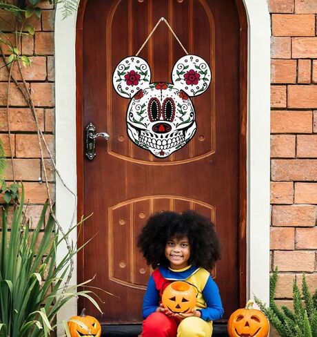 ديكورات فأر الهالوين، علامة خشبية يوم الموتى للباب الأمامي Dia De Los Muertos ديكور المكسيكي فييستا سكر جمجمة الزهور ديكورات معلقة على الحائط - علامة بوو الهالوين على شكل شبح الحلي in Kuwait