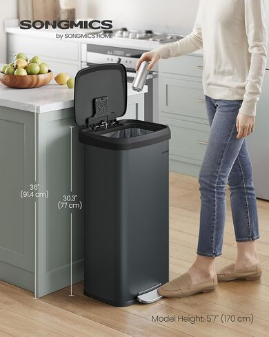 SONGMICS Kitchen Trash Can, 18-Gallon Stainless Steel Garbage Can, with Stay-Open Lid and Step-on Pedal, Soft Closure, Tall, Large and Space-Saving, Charcoal Gray and Black ULTB520G01 in Saudi Arabia
