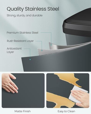 SONGMICS Kitchen Trash Can, 18-Gallon Stainless Steel Garbage Can, with Stay-Open Lid and Step-on Pedal, Soft Closure, Tall, Large and Space-Saving, Charcoal Gray and Black ULTB520G01 in Saudi Arabia