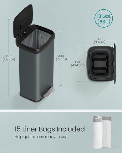 SONGMICS Kitchen Trash Can, 18-Gallon Stainless Steel Garbage Can, with Stay-Open Lid and Step-on Pedal, Soft Closure, Tall, Large and Space-Saving, Charcoal Gray and Black ULTB520G01 in Saudi Arabia