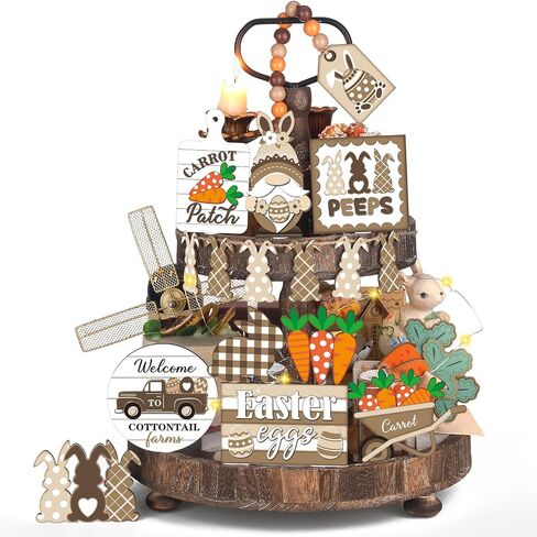 21 Pcs Easter Bunny Tiered Tray Decor, Farmhouse Tiered Tray Decorations, Happy Easter Bunny Carrots Buffalo Plaid Wooden Signs, Rustic Easter Rabbit Decor for Home Table Mantel Church Party in Saudi Arabia