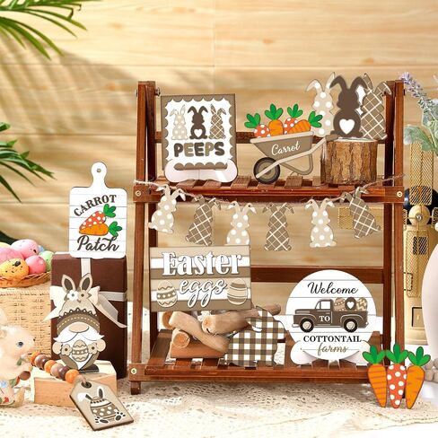 21 Pcs Easter Bunny Tiered Tray Decor, Farmhouse Tiered Tray Decorations, Happy Easter Bunny Carrots Buffalo Plaid Wooden Signs, Rustic Easter Rabbit Decor for Home Table Mantel Church Party in Saudi Arabia