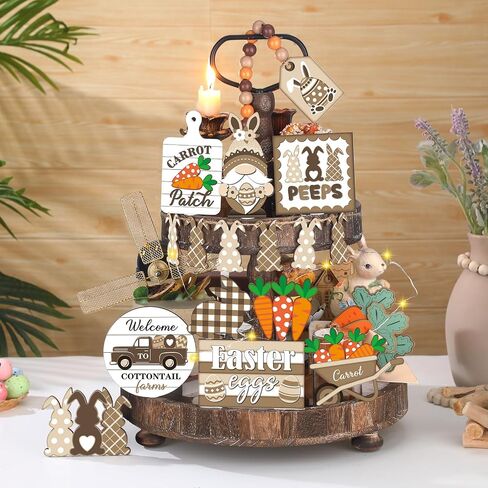 21 Pcs Easter Bunny Tiered Tray Decor, Farmhouse Tiered Tray Decorations, Happy Easter Bunny Carrots Buffalo Plaid Wooden Signs, Rustic Easter Rabbit Decor for Home Table Mantel Church Party in Saudi Arabia