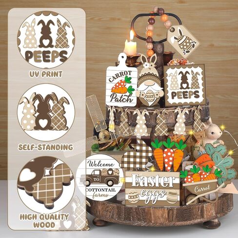 21 Pcs Easter Bunny Tiered Tray Decor, Farmhouse Tiered Tray Decorations, Happy Easter Bunny Carrots Buffalo Plaid Wooden Signs, Rustic Easter Rabbit Decor for Home Table Mantel Church Party in Saudi Arabia