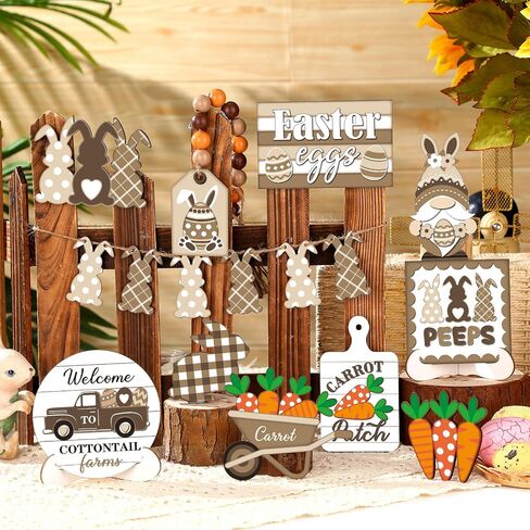 21 Pcs Easter Bunny Tiered Tray Decor, Farmhouse Tiered Tray Decorations, Happy Easter Bunny Carrots Buffalo Plaid Wooden Signs, Rustic Easter Rabbit Decor for Home Table Mantel Church Party in Saudi Arabia