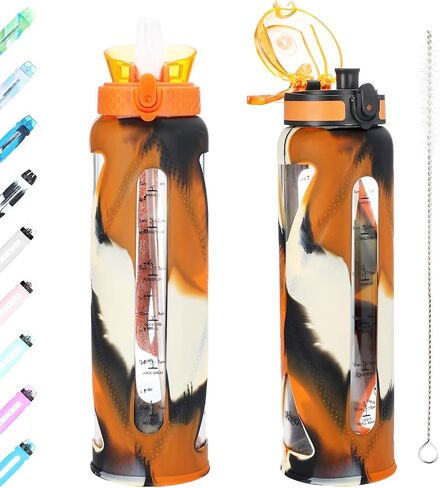 GOPPUS Glass Water Bottles with Straw and Flip Lid, Motivational Water Bottles with Time Marker Reminder and Silicone Sleeve, Leakproof, BPA Free (32 oz, Leopard Orange) in Saudi Arabia