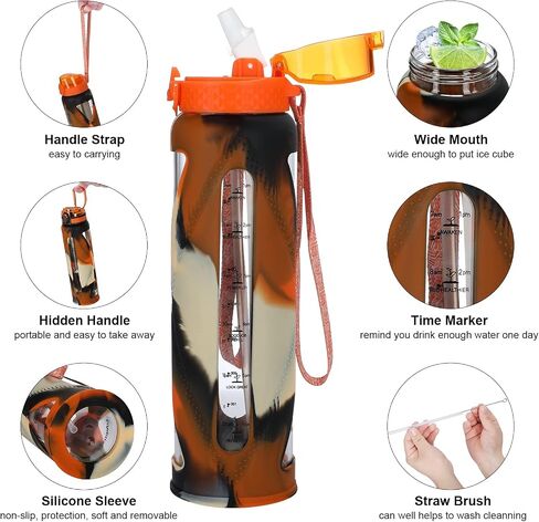 GOPPUS Glass Water Bottles with Straw and Flip Lid, Motivational Water Bottles with Time Marker Reminder and Silicone Sleeve, Leakproof, BPA Free (32 oz, Leopard Orange) in Saudi Arabia