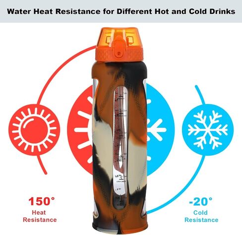 GOPPUS Glass Water Bottles with Straw and Flip Lid, Motivational Water Bottles with Time Marker Reminder and Silicone Sleeve, Leakproof, BPA Free (32 oz, Leopard Orange) in Saudi Arabia