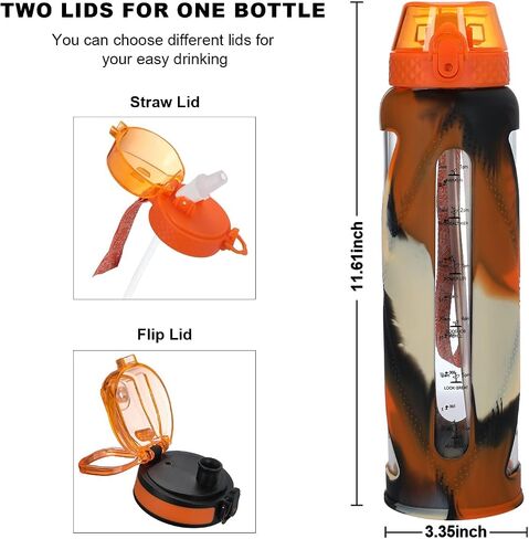 GOPPUS Glass Water Bottles with Straw and Flip Lid, Motivational Water Bottles with Time Marker Reminder and Silicone Sleeve, Leakproof, BPA Free (32 oz, Leopard Orange) in Saudi Arabia