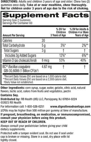 Advantage Probiotic Gummies for Digestive Health with Vitamin D, Daily Probiotics for Women & Men, Support for Occasional Bloating, Minor Abdominal Discomfort & Gut Health, Fruit Flavors 120 ct in Saudi Arabia