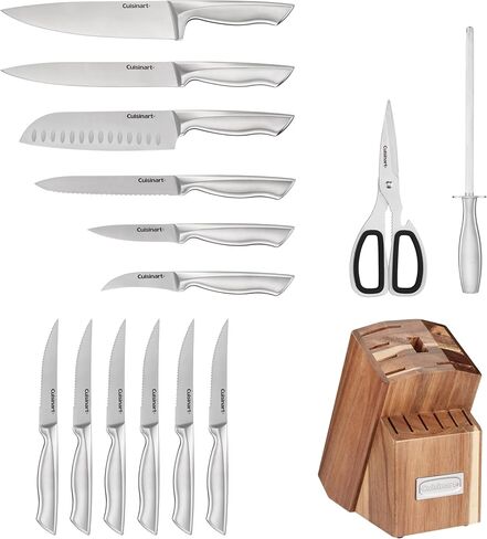 مجموعة أدوات مائدة بمقبض مجوف من الفولاذ المقاوم للصدأ الألماني 15 قطعة من Cuisinart مع كتلة أكاسيا in Saudi Arabia