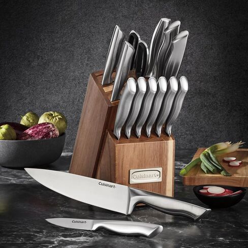 مجموعة أدوات مائدة بمقبض مجوف من الفولاذ المقاوم للصدأ الألماني 15 قطعة من Cuisinart مع كتلة أكاسيا in Saudi Arabia