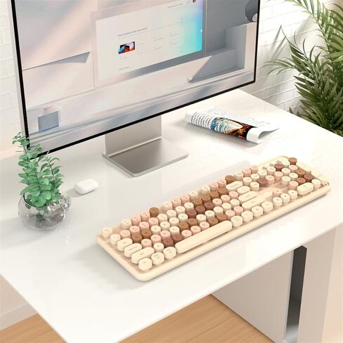 لوحة مفاتيح JAMfit Typewriter لاسلكية 2.4 جيجا هرتز ولوحة مفاتيح تعمل بتقنية Bluetooth مزدوجة الوضع مع فرشاة نظيفة، أغطية مفاتيح مستديرة ذات 104 مفاتيح للأجهزة المتعددة (أبيض-أخضر داكن) in Kuwait