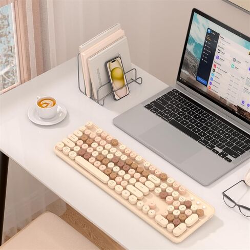 لوحة مفاتيح JAMfit Typewriter لاسلكية 2.4 جيجا هرتز ولوحة مفاتيح تعمل بتقنية Bluetooth مزدوجة الوضع مع فرشاة نظيفة، أغطية مفاتيح مستديرة ذات 104 مفاتيح للأجهزة المتعددة (أبيض-أخضر داكن) in Kuwait