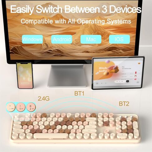 لوحة مفاتيح JAMfit Typewriter لاسلكية 2.4 جيجا هرتز ولوحة مفاتيح تعمل بتقنية Bluetooth مزدوجة الوضع مع فرشاة نظيفة، أغطية مفاتيح مستديرة ذات 104 مفاتيح للأجهزة المتعددة (أبيض-أخضر داكن) in Kuwait