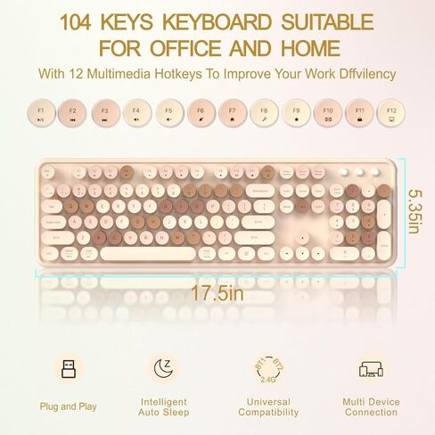 لوحة مفاتيح JAMfit Typewriter لاسلكية 2.4 جيجا هرتز ولوحة مفاتيح تعمل بتقنية Bluetooth مزدوجة الوضع مع فرشاة نظيفة، أغطية مفاتيح مستديرة ذات 104 مفاتيح للأجهزة المتعددة (أبيض-أخضر داكن) in Kuwait