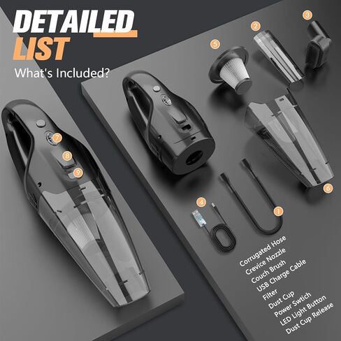 مكنسة كهربائية محمولة لاسلكية قابلة لإعادة الشحن مع LED، شحن USB، مكانس يدوية خفيفة الوزن، مكنسة كهربائية لاسلكية قابلة لإعادة الشحن، مكنسة يدوية 1.65 رطل للسيارة/المنزل/الحيوانات الأليفة in Kuwait