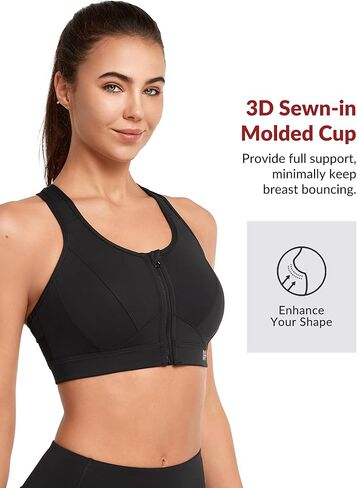 Yvette حمالات صدر رياضية بسحاب أمامي للإغلاق للنساء، حمالة صدر داعمة للتمرين عالية التأثير مقاس كبير للصدر الكبير، أسود داكن، مقاس M Plus in Kuwait
