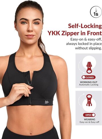 Yvette حمالات صدر رياضية بسحاب أمامي للإغلاق للنساء، حمالة صدر داعمة للتمرين عالية التأثير مقاس كبير للصدر الكبير، أسود داكن، مقاس M Plus in Kuwait