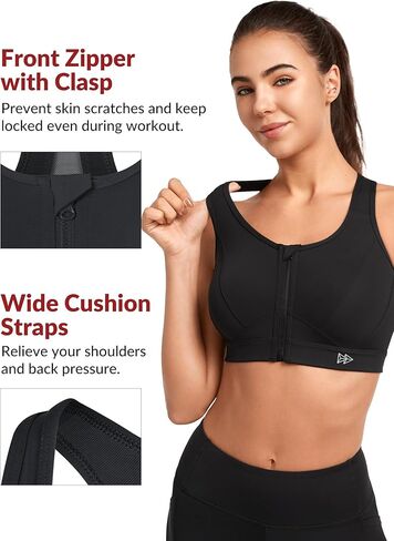 Yvette حمالات صدر رياضية بسحاب أمامي للإغلاق للنساء، حمالة صدر داعمة للتمرين عالية التأثير مقاس كبير للصدر الكبير، أسود داكن، مقاس M Plus in Kuwait