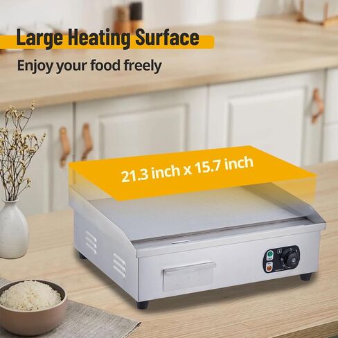 Towallmark 1600W 21" Electric Countertop Flat Top Griddle Grill Commercial Restaurant Teppanyaki Grill Stainless Steel Tabletop Flat Top Grill Machine with Adjustable Thermostatic Control,110V in Saudi Arabia