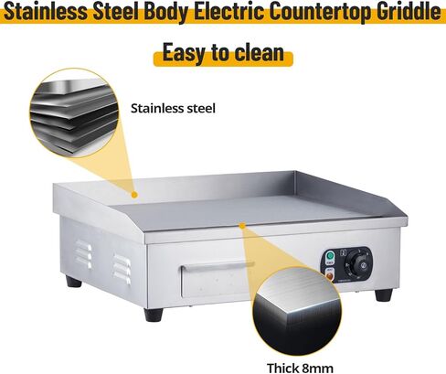 Towallmark 1600W 21" Electric Countertop Flat Top Griddle Grill Commercial Restaurant Teppanyaki Grill Stainless Steel Tabletop Flat Top Grill Machine with Adjustable Thermostatic Control,110V in Saudi Arabia