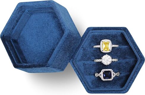 BLUTETE Velvet Jewelry Ring Box,Hexagon 3 Slots Wedding Day Ring Box,Premium Vintage Ring Display Holder Case for Wedding Ceremony Proposal Engagement(Navy) in Kuwait