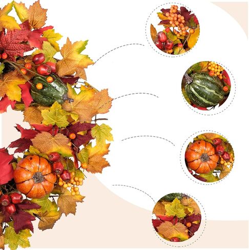 TEMPUS عيد الشكر إكليل سقوط أوراق القيقب إكليل أحمر أصفر التوت مع الأخضر البرتقالي الأصفر إكليل اليقطين للباب الأمامي مهرجان الحصاد نافذة الزفاف الخريف في الهواء الطلق ديكور داخلي in Kuwait