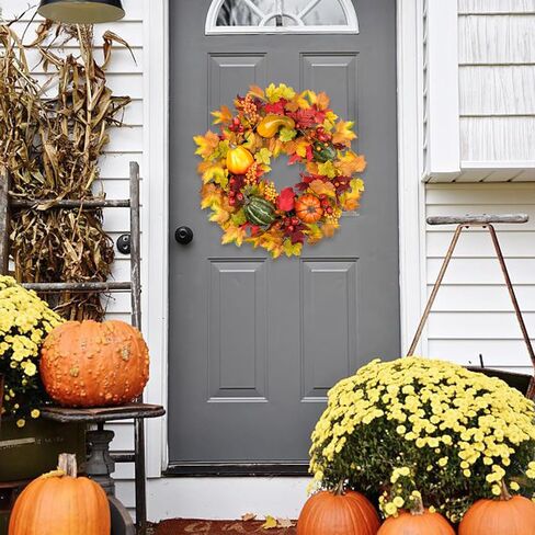 TEMPUS عيد الشكر إكليل سقوط أوراق القيقب إكليل أحمر أصفر التوت مع الأخضر البرتقالي الأصفر إكليل اليقطين للباب الأمامي مهرجان الحصاد نافذة الزفاف الخريف في الهواء الطلق ديكور داخلي in Kuwait