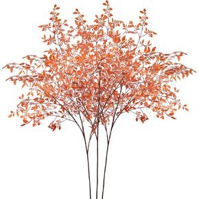 3Pcs Artificial Plant Leaves 43.3 Inch Fall Nandina Faux Greenery Branches, Orange Artificial Plastic Plant Floral Arrangement, for Indoor Outdoor Table Centerpiece Fireplace Halloween Home Decor
