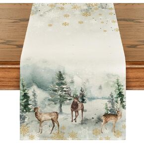 Artoid Mode Watercolor Deer Trees Snowflakes Christmas Table Runner, Seasonal Winter Xmas Holiday Kitchen Dining Table Decoration for Indoor Outdoor Home Party Decor 13 x 72 Inch