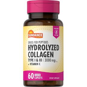 Sundance Hydrolyzed Collagen Peptides 3000mg | Type I & II with Vitamin C | 60 Caplets | Non-GMO and Gluten Free Supplement