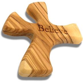 Olive Wood Prayer Cross: Hand Held Cross Made to Perfectly Fit in Your Hand (Believe)